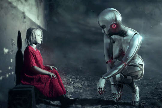 Escape the Noisy Now with Futureback Thinking a young woman dressed in red sitting on a bench facing a supersized android